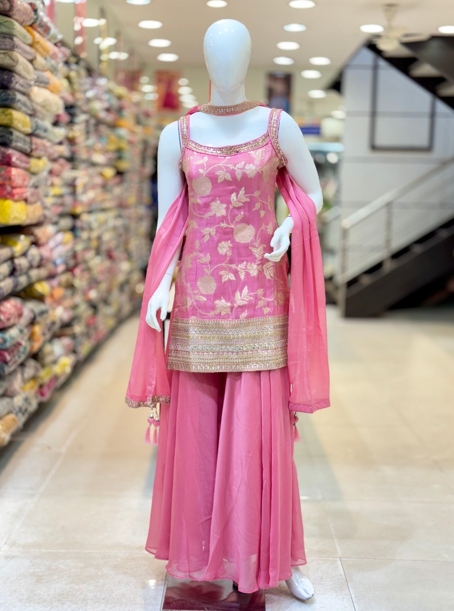 Pink Banarasi Floral Sharara Set