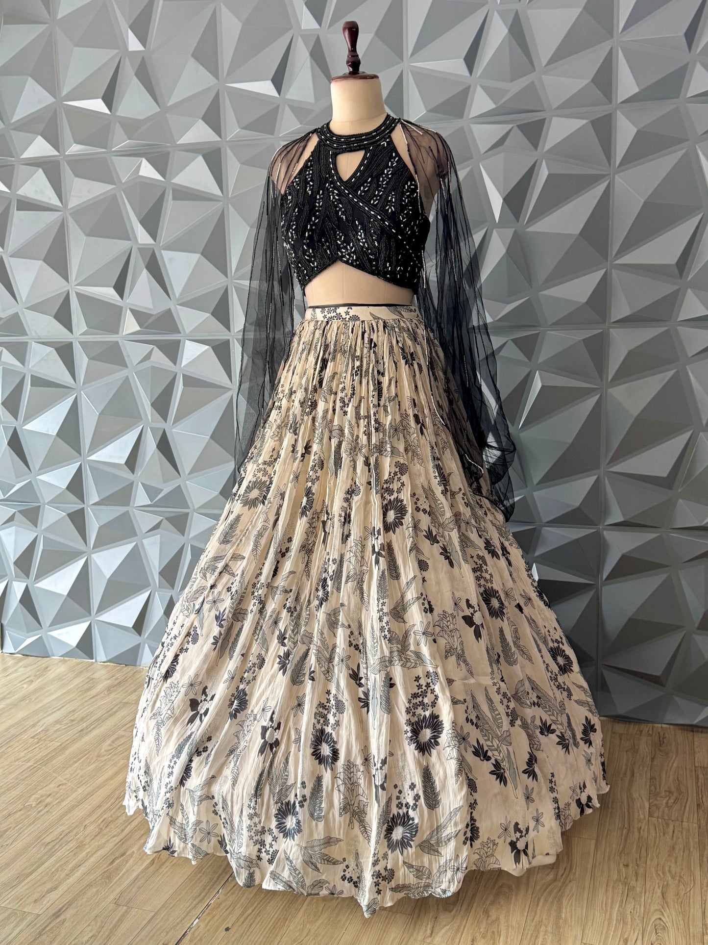 Black and Beige Floral Indowestern Lehenga