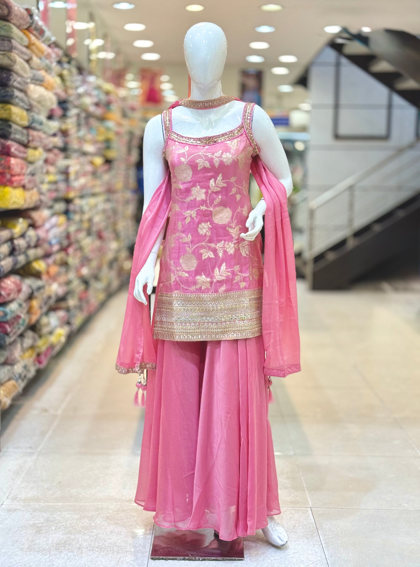 Pink Banarasi Floral Sharara Set