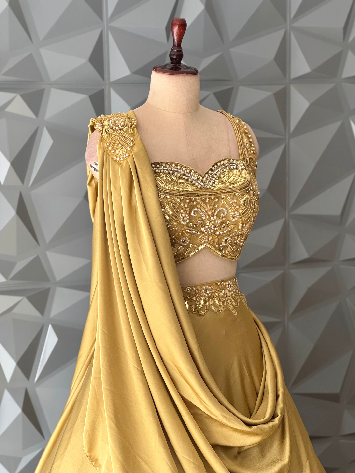 Golden Lehenga Set with Draped Dupatta