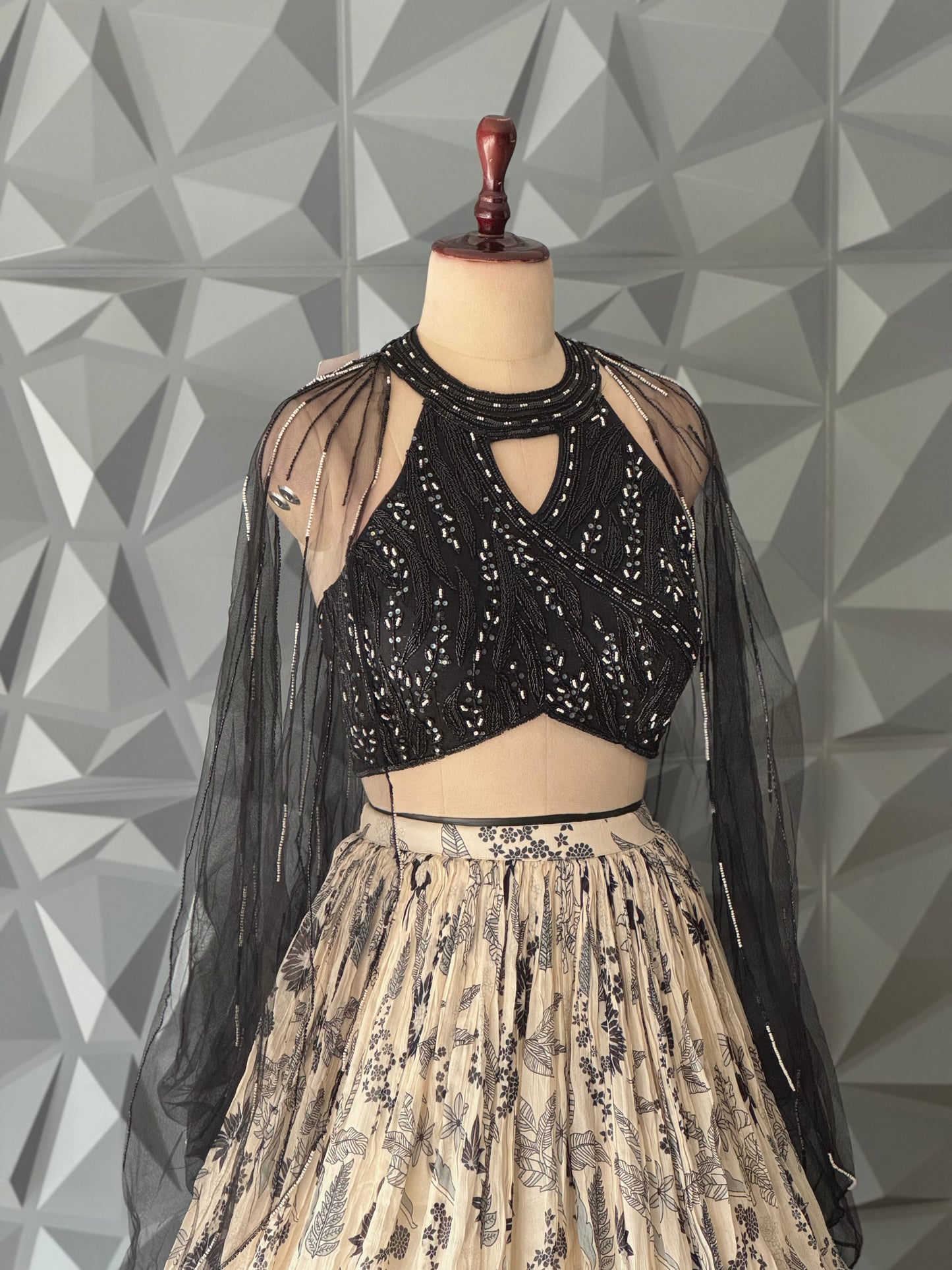 Black and Beige Floral Indowestern Lehenga