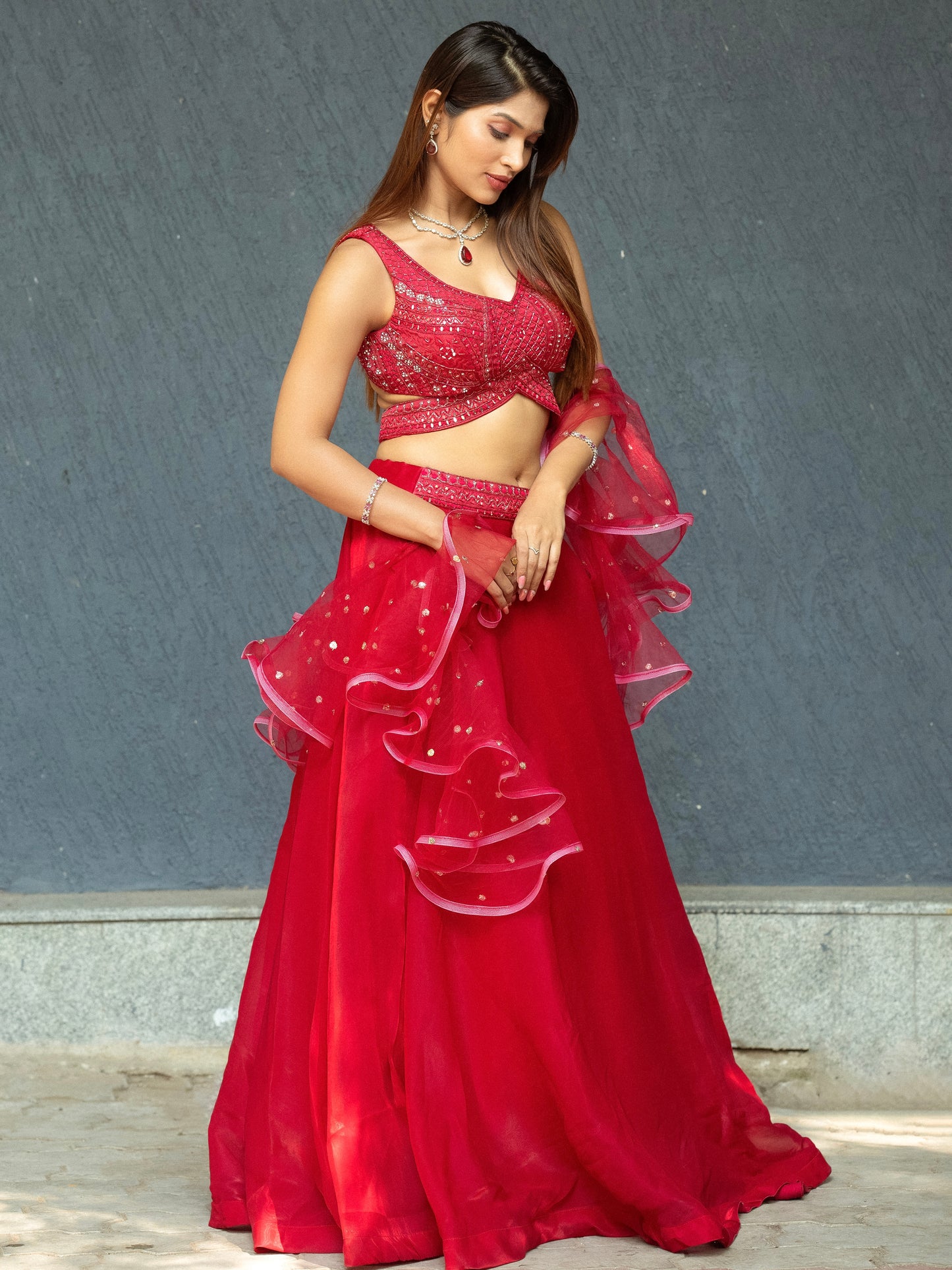 Red Designer Tissue Lehenga