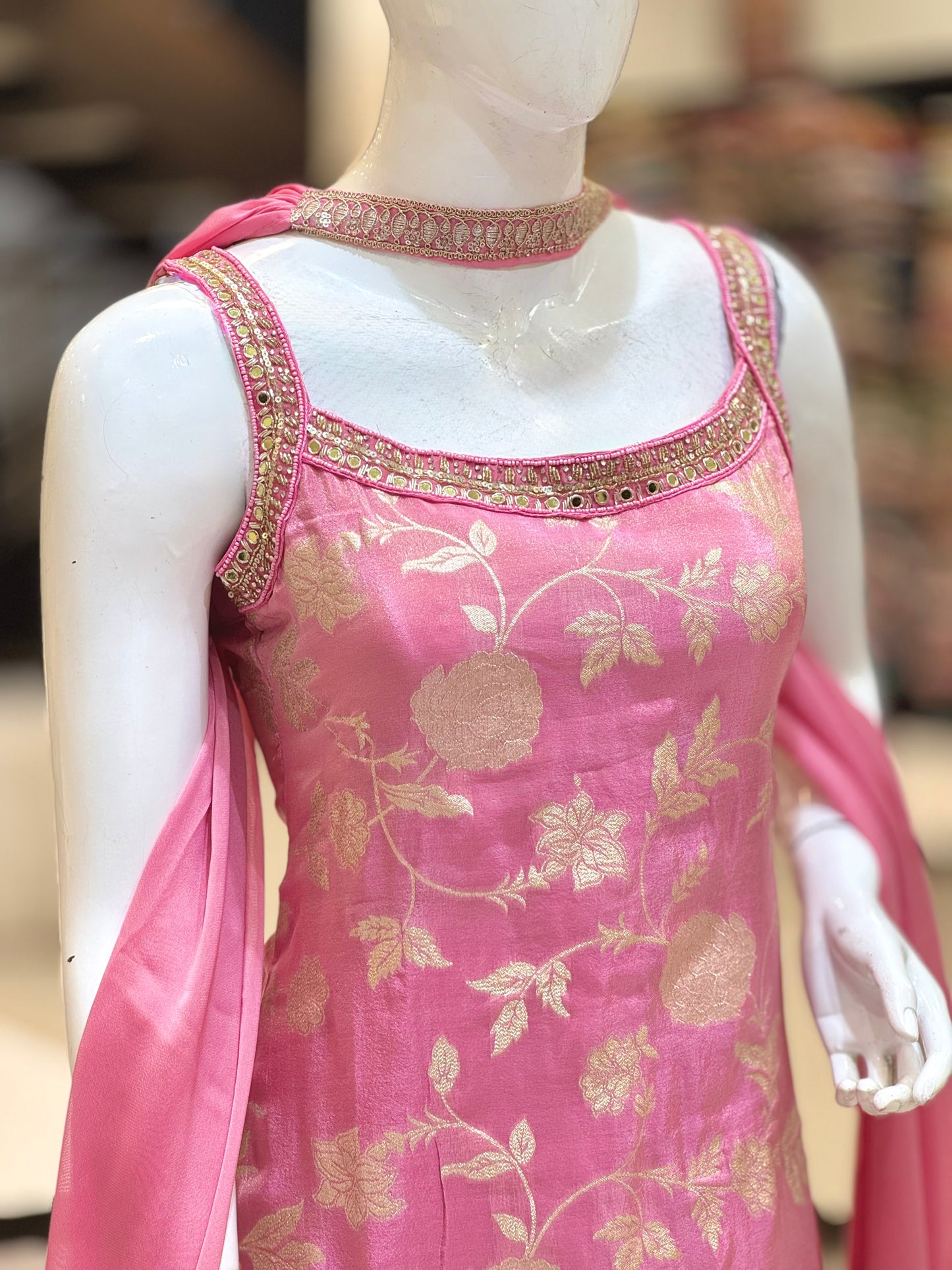 Pink Banarasi Floral Sharara Set