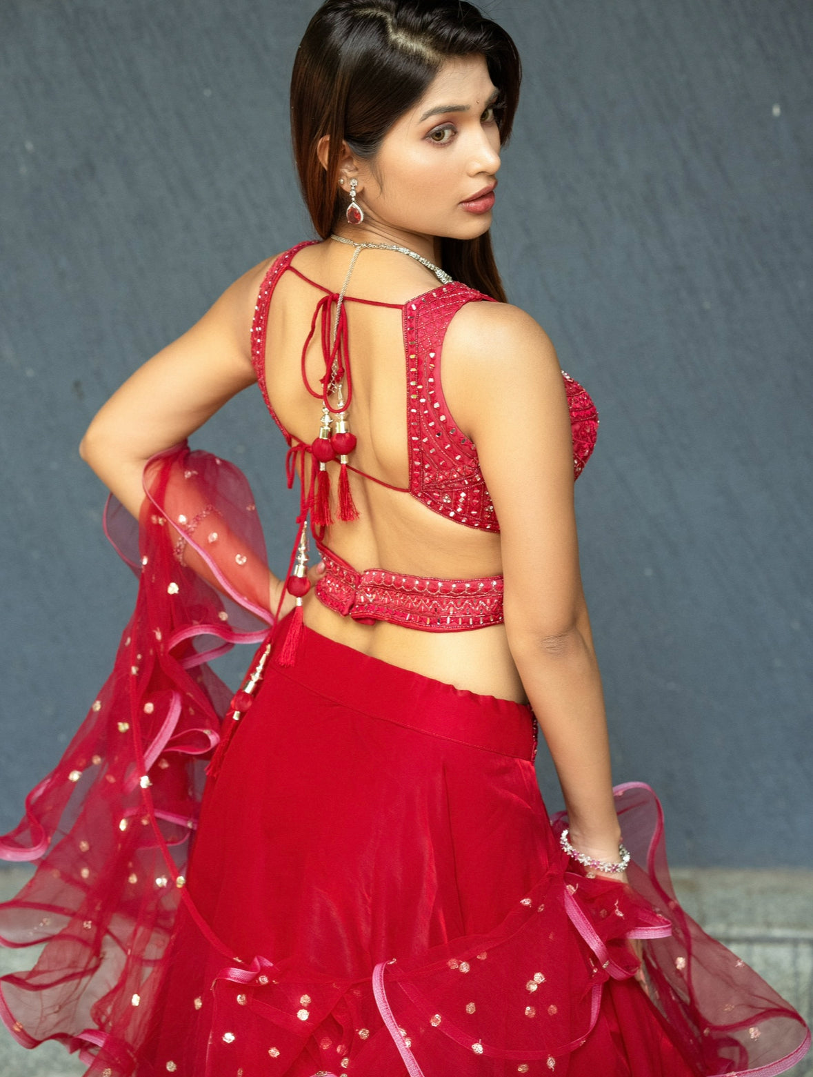 Red Designer Tissue Lehenga