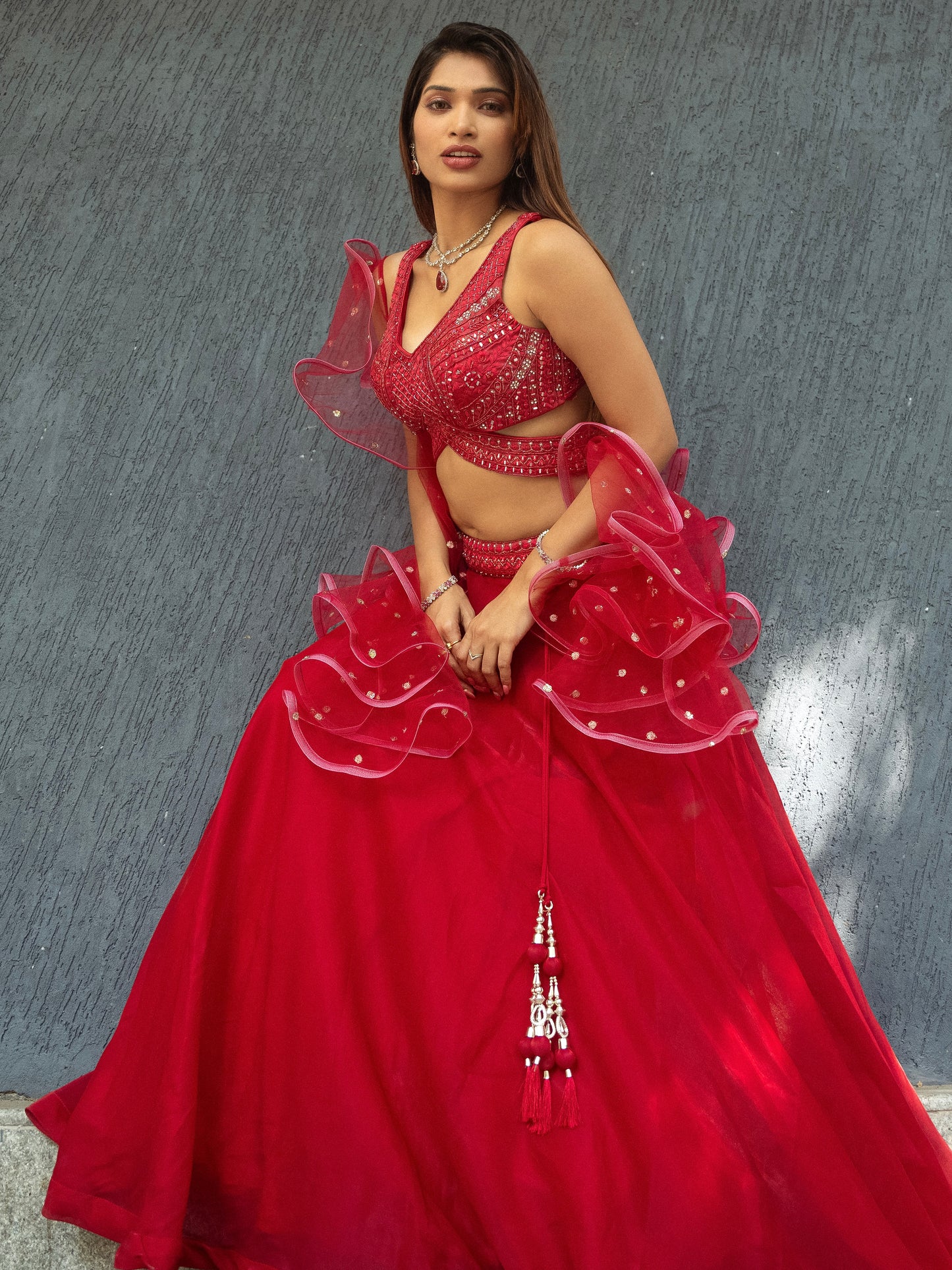 Red Designer Tissue Lehenga