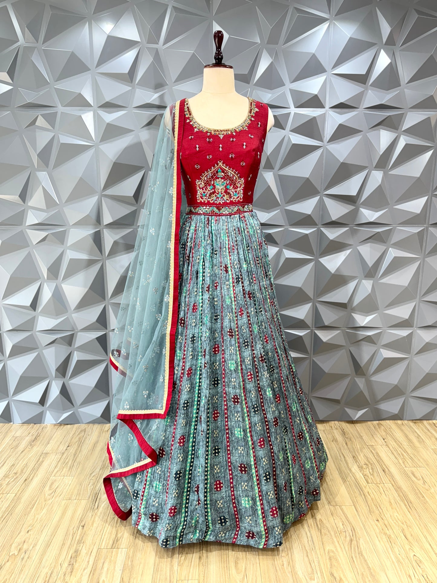 Red & Grey Long Dress