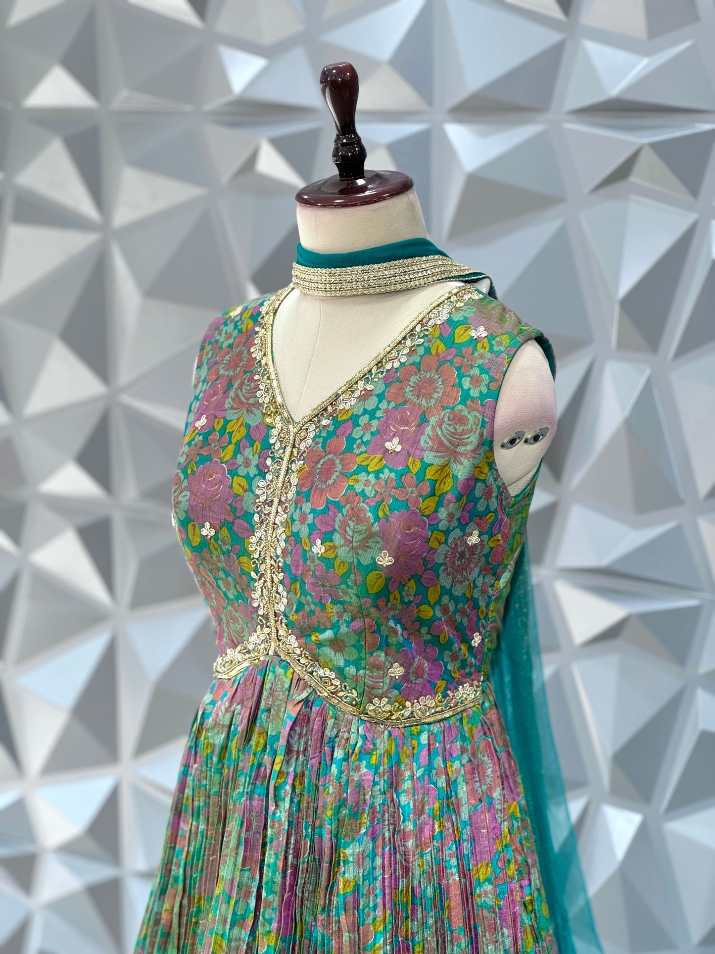 Green Floral Alia Cut Long Dress