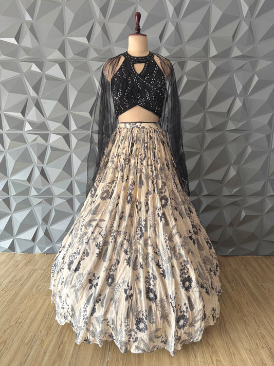 Black and Beige Floral Indowestern Lehenga