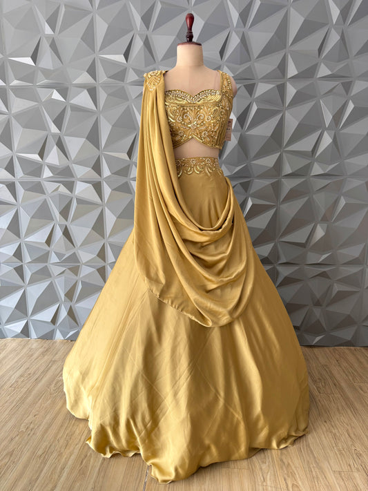 Golden Lehenga Set with Draped Dupatta