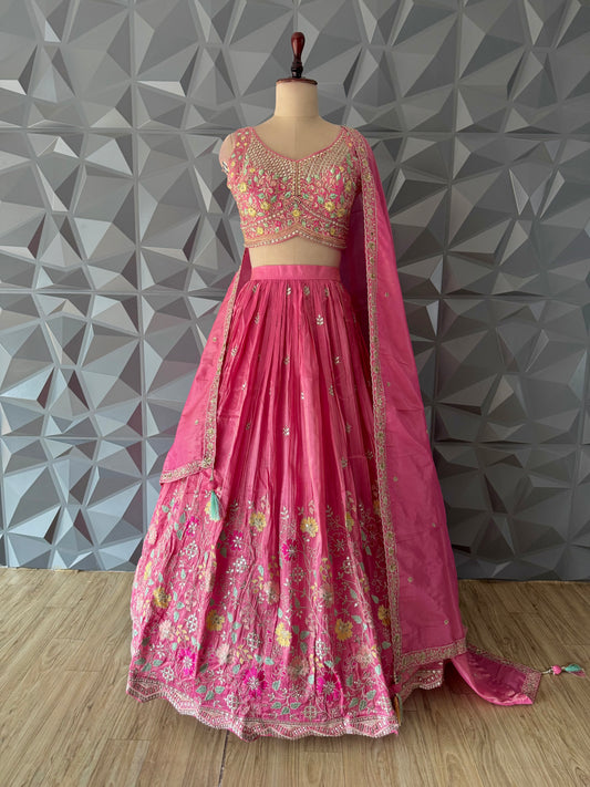 Pink Rose Bloom Embroidered Lehenga Set