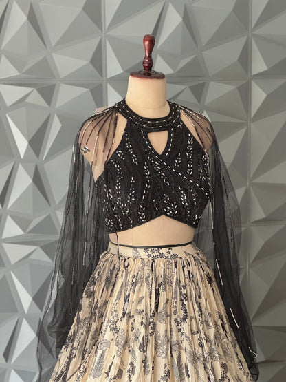 Black and Beige Floral Indowestern Lehenga