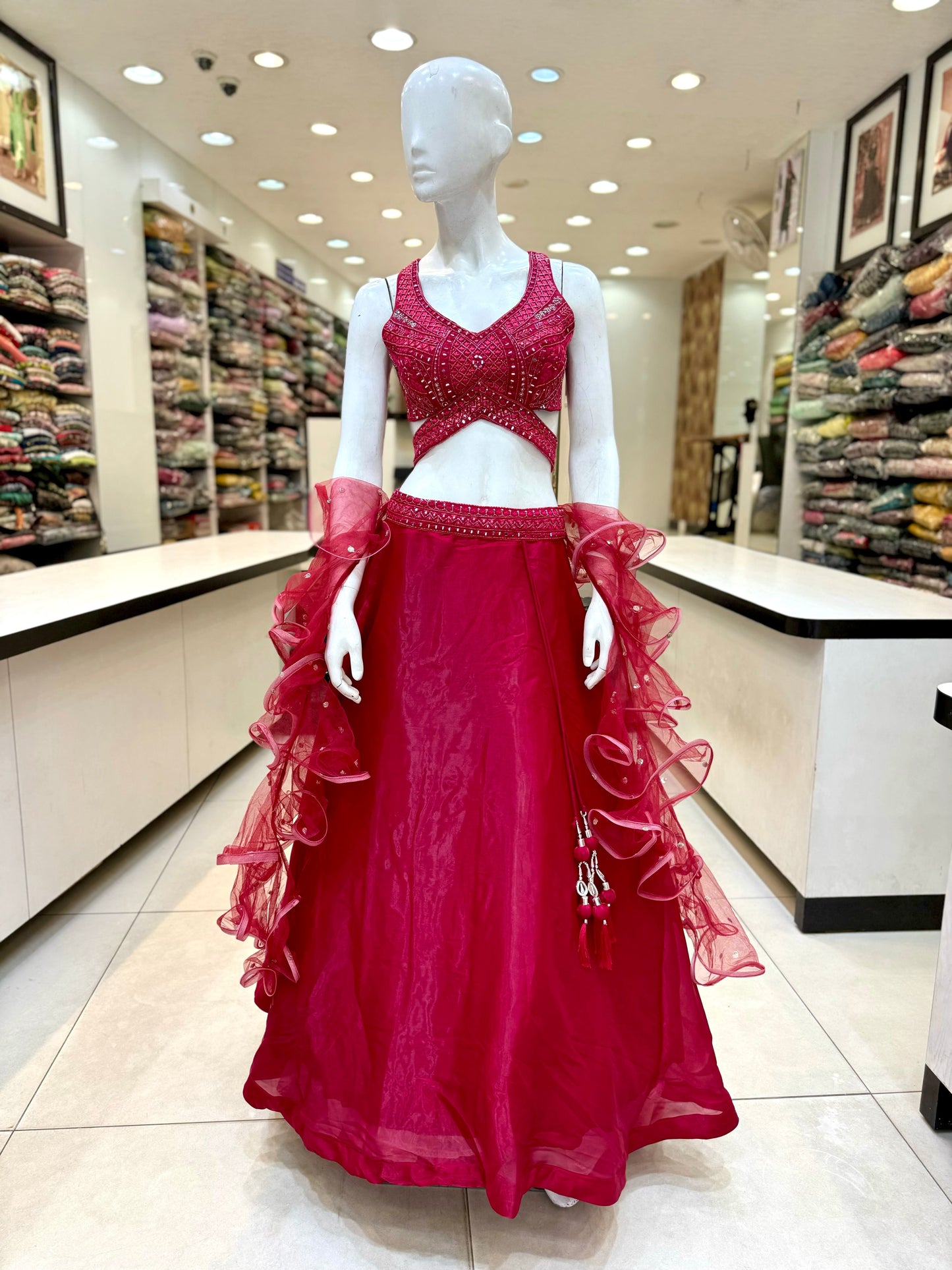 Red Designer Tissue Lehenga