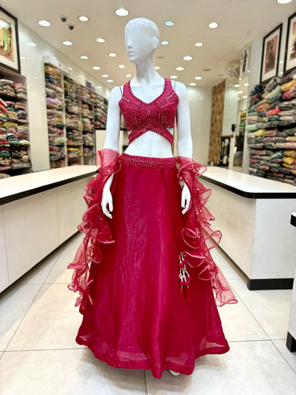 Red Designer Tissue Lehenga