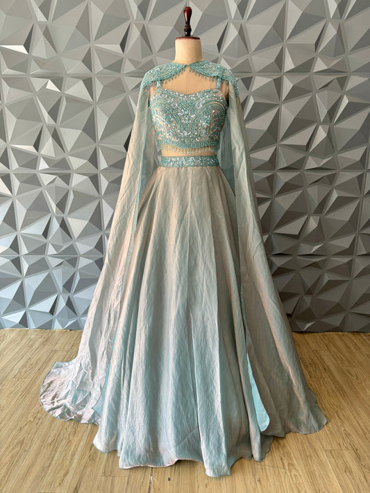 Metallic Blue Indo Western Lehenga Set
