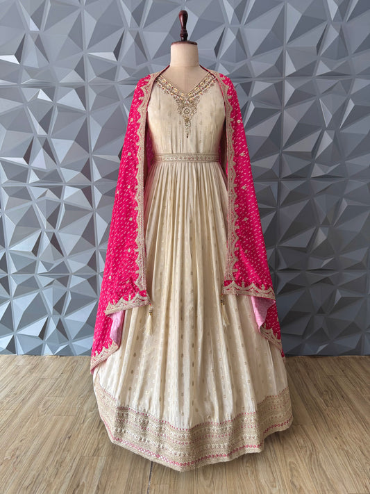Ivory Anarkali with Pink Dupatta