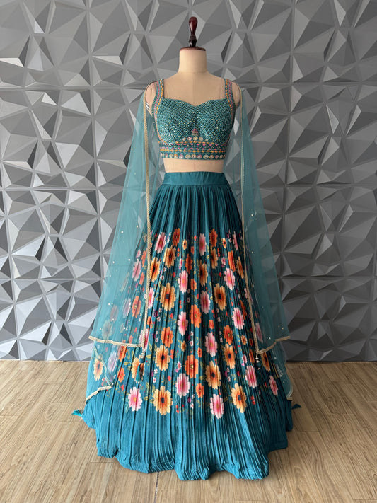 Teal Floral Lehanga Set