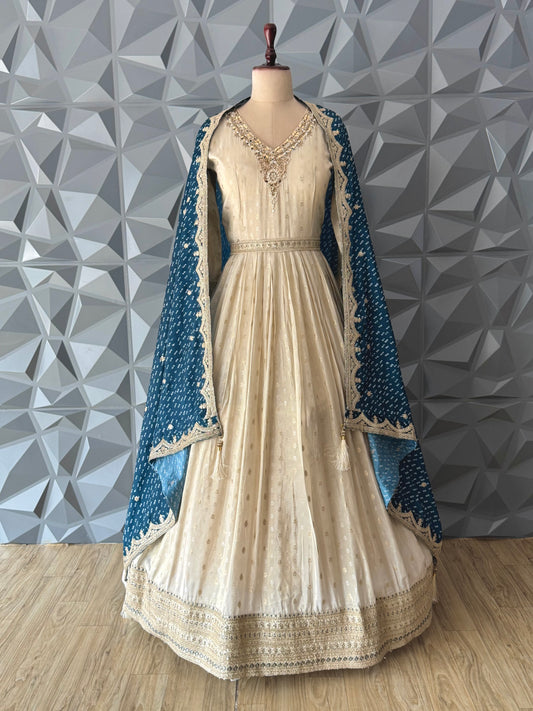 Ivory Anarkali with Blue Dupatta